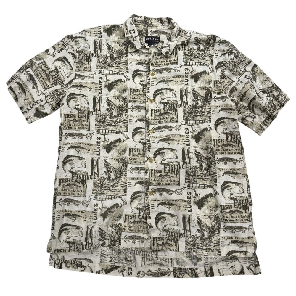 Woolrich Mens Light Olive Fish Signs AllOver Print Linen/Cotton ButtonUp Shirt L